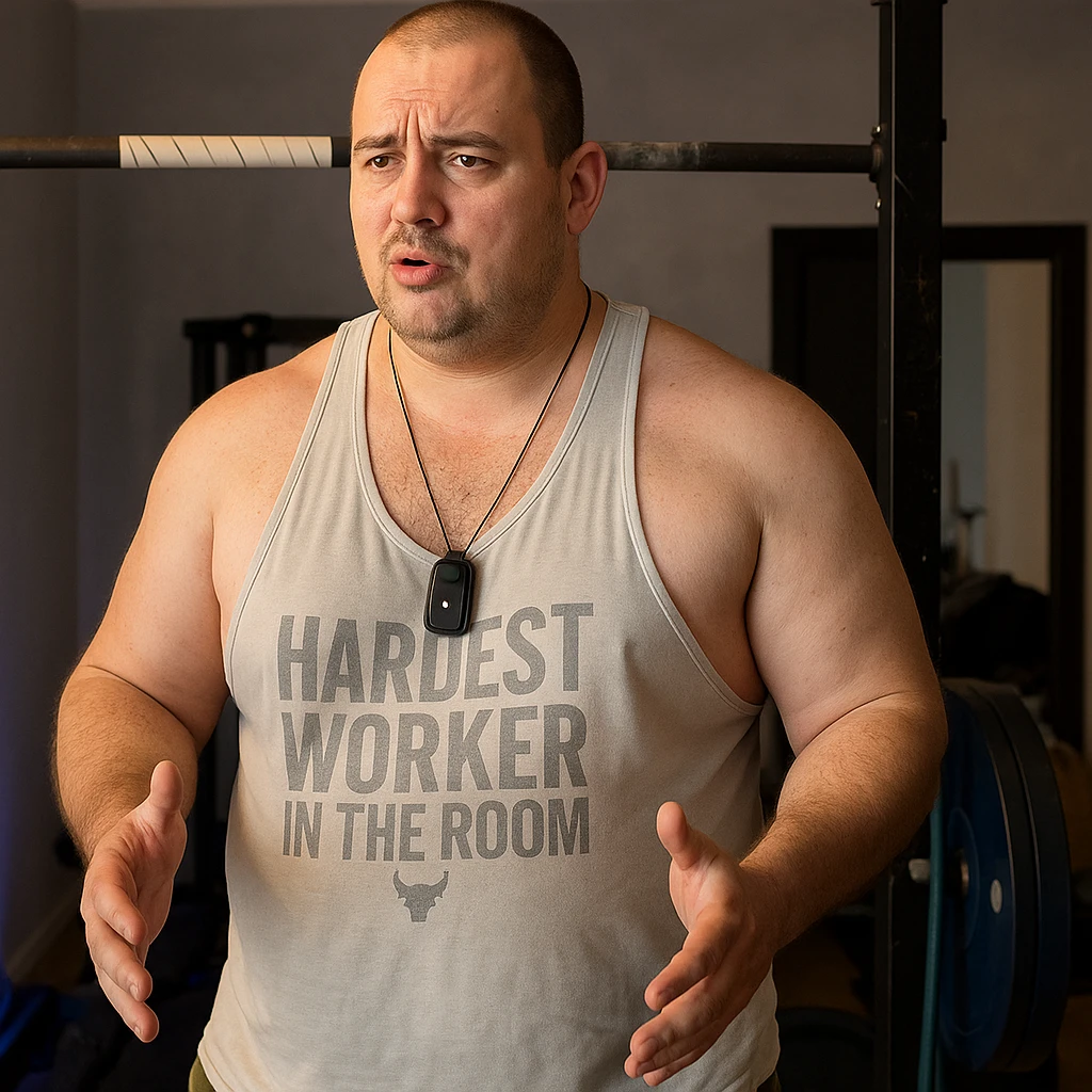 Create a realistic version of the man in the reference photo with defined muscles but fat accumulation on the chest and abdomen, maintaining the original pose. emoji