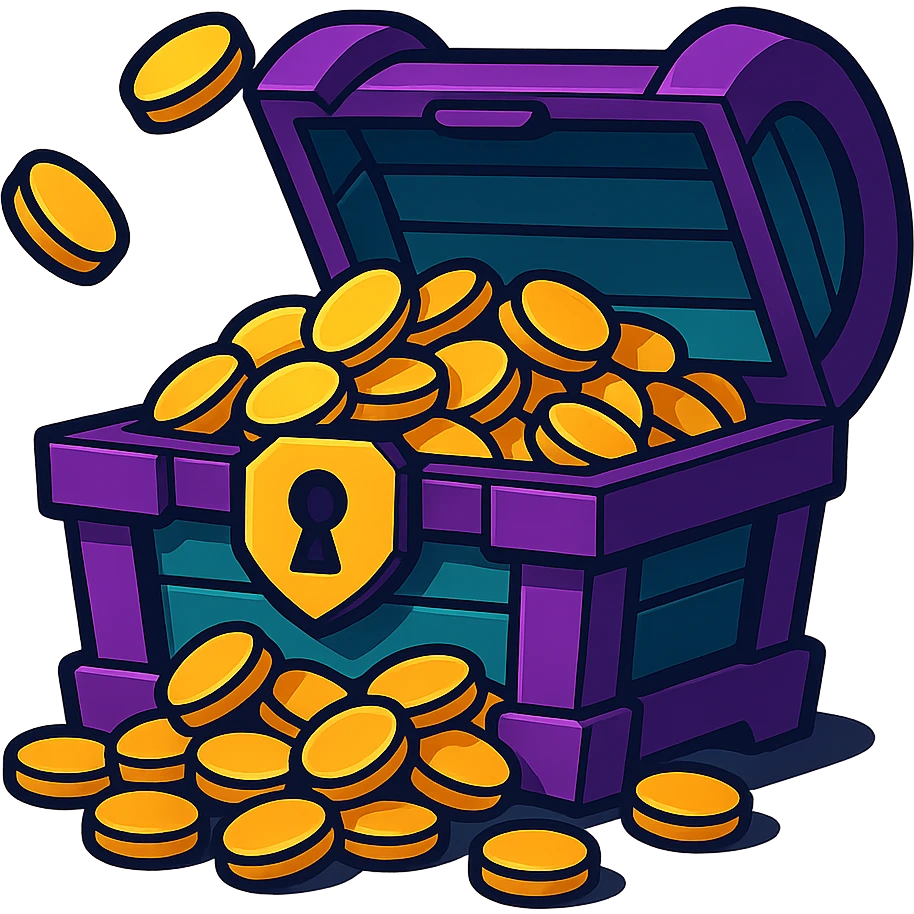 Make the purple and teal rewards chest open with coins spilling out, no background, vibrant toon style. emoji