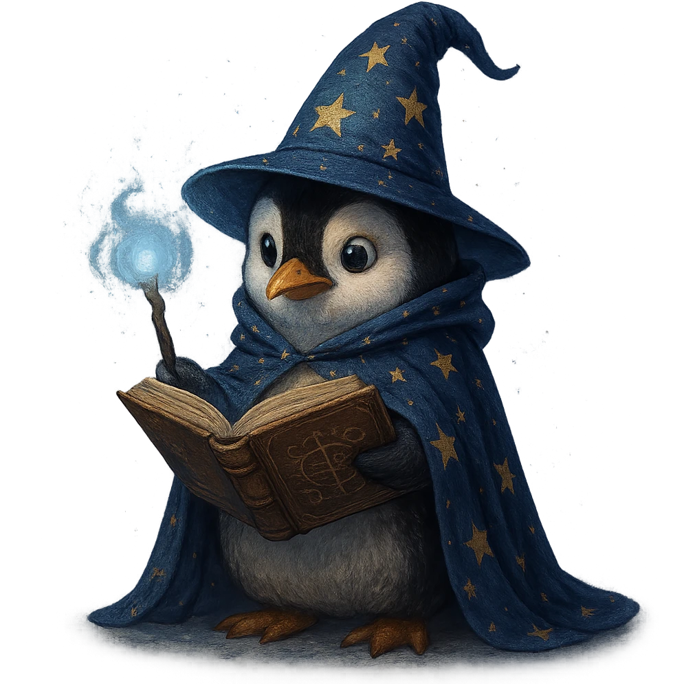 penguin wizard with a book of spells wearing a starry cloak in a mystical atmosphere emoji