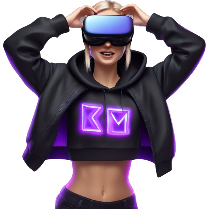 Russian girl wearing black hoody with violet letters "OMG", in vr headset oculus quest2. Dancing. Cyberpunk style. Violet neon. emoji