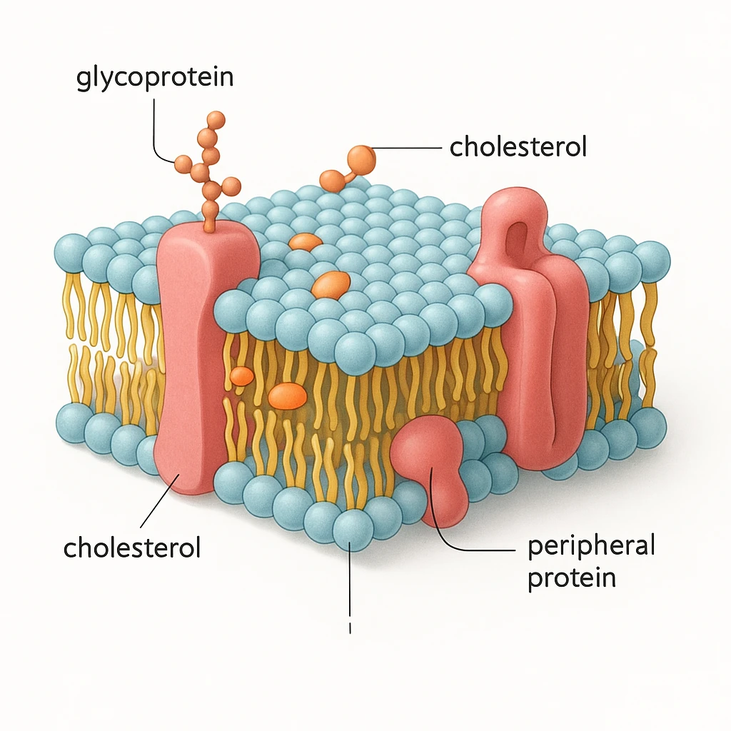 A highly detailed, scientifically accurate cross-section of a biological cell membrane (lipid bilayer) on a white background, ultra-realistic 3D illustration. Show the phospholipid bilayer with hydrophilic heads (round, polar) facing outward and hydrophobic tails (chains) inside. Include embedded proteins (integral and peripheral), cholesterol molecules (small, rigid), glycoproteins with sugar chains, and ion channels. The style should be clean, lab-textbook style, with subtle shadows and depth. Use a color scheme: light blue for hydrophilic heads, yellow for hydrophobic tails, red/pink for proteins, and orange for cholesterol. Microscope-like precision, no artistic stylization. Educational diagram of the Fluid Mosaic Model, cross-sectional view with labels for 'glycoprotein', 'cholesterol', and 'peripheral protein', vector graphic style. emoji