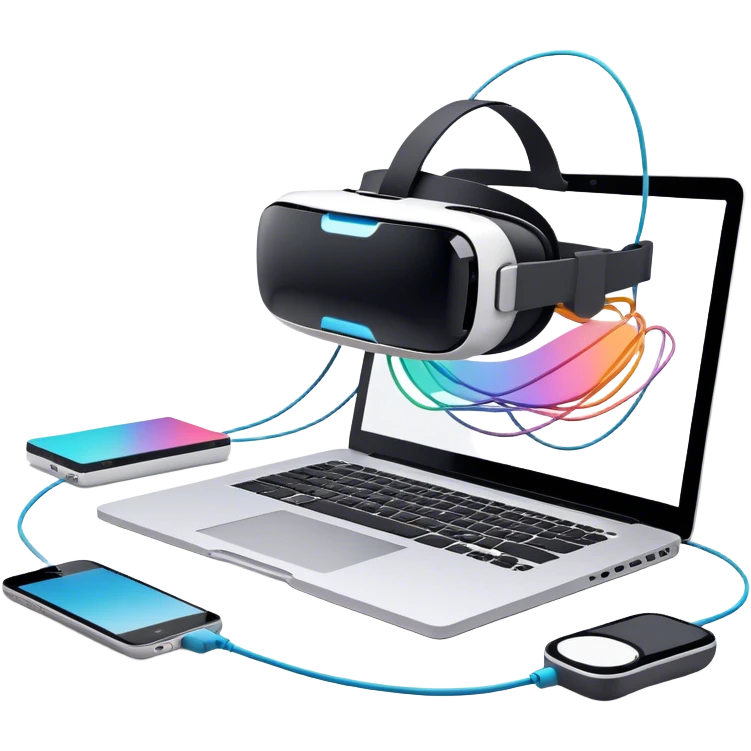 VR headset lying next to a laptop, connected by wires. On the laptop screen a VR/AR modeling program is opened. Floating 3D models or virtual objects. Modern, tech-inspired colors. No emojis or smiley faces. Transparent background. emoji