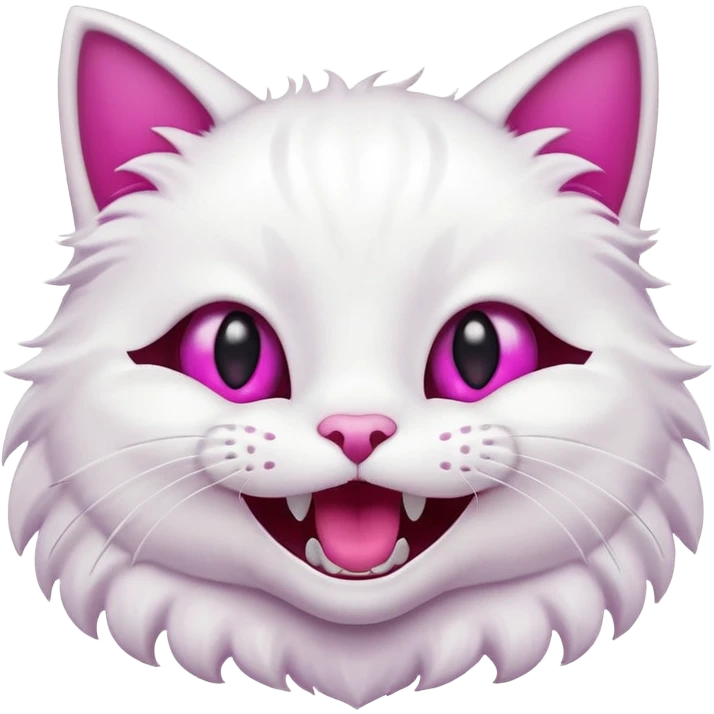 White cat, very happy open mouth smile, fangs showing, magenta eyes, black background, cute cartoon style emoji