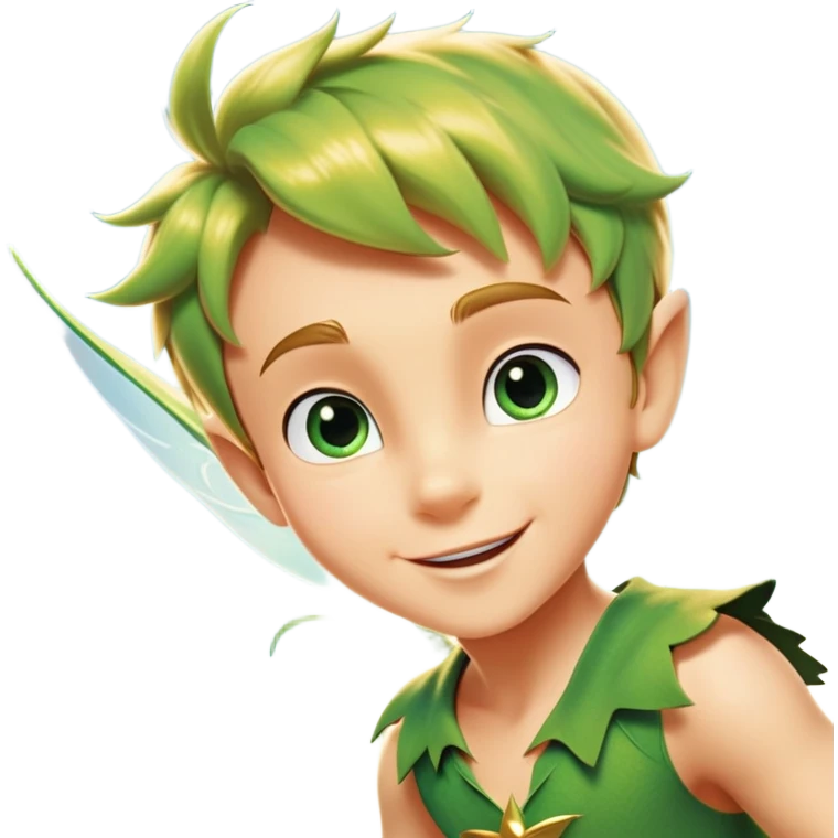 cinematic-realistic-peter-pan-portrait, head tilted dramatically with an exaggeratedly amused expression and sparkling eyes brimming with playful mischief, his iconic outfit rendered in vivid detail with dynamic shadows, soaring through the air. Flying right Next to him is a glowing Tinker Bell, whose delicate wings leave a trail of shimmering pixie dust across a whimsical sky. emoji