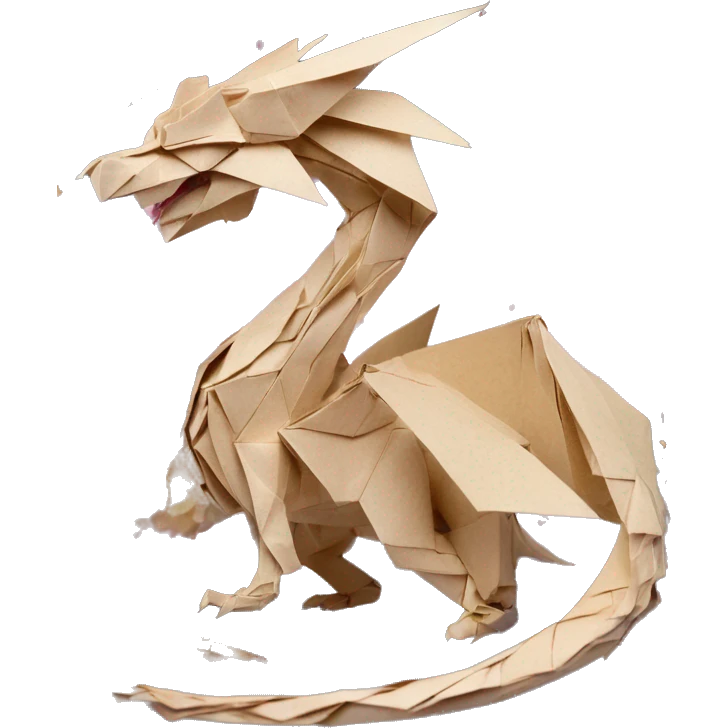 patterned Beige Origami dragon with made of newspapers, on fire, surrounded by fairy lights nebula galaxy stars swirls iridescent covered in dried flowers emoji