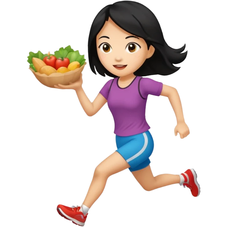 Asian woman with black hair running with food in hand emoji