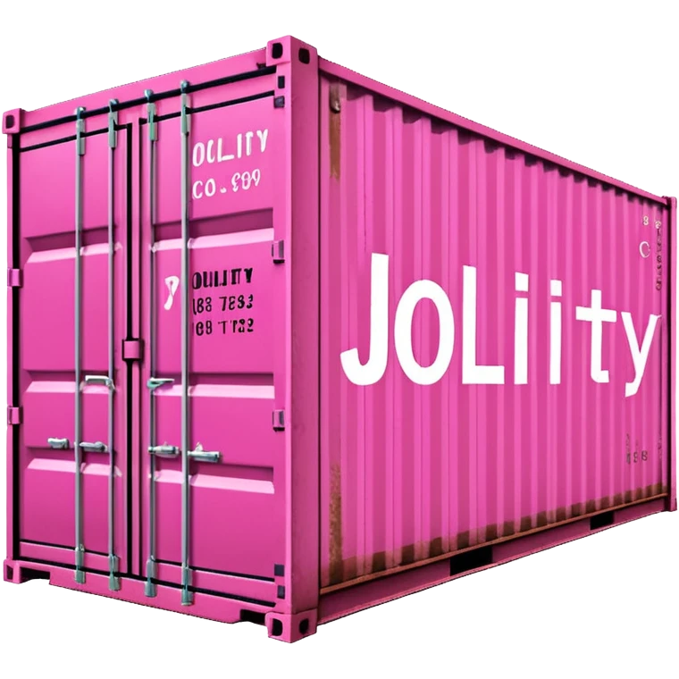 a pink shipping container with the words "Jollity & Co." in big letters on the long side emoji