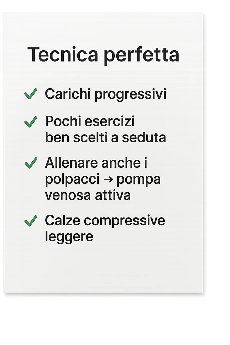 FOGLIO DI CARTA PER L'ALLENAMENTO IN PALESTRA CON LA SCRITTA "Tecnica perfetta
 ✅ Carichi progressivi
 ✅ Pochi esercizi ben scelti a seduta
 ✅ Allenare anche i polpacci → pompa venosa attiva
 ✅ Calze compressive leggere" , IPERREALISTICA 4K emoji