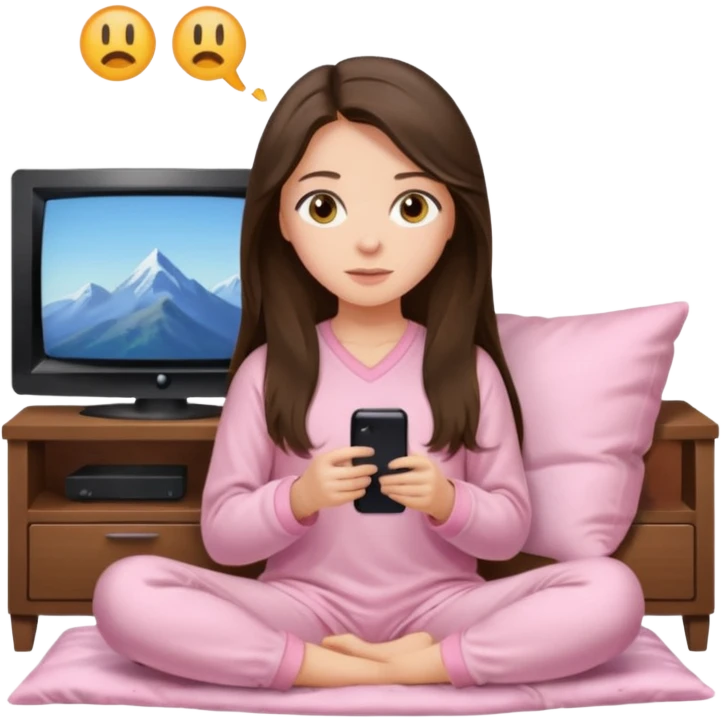 long haired brunette girl hazel eyes in light pink watching tv emoji