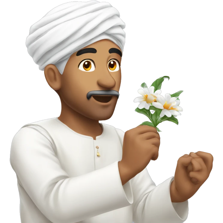 Omani man wearing white turban and catching flower on his mouth  emoji