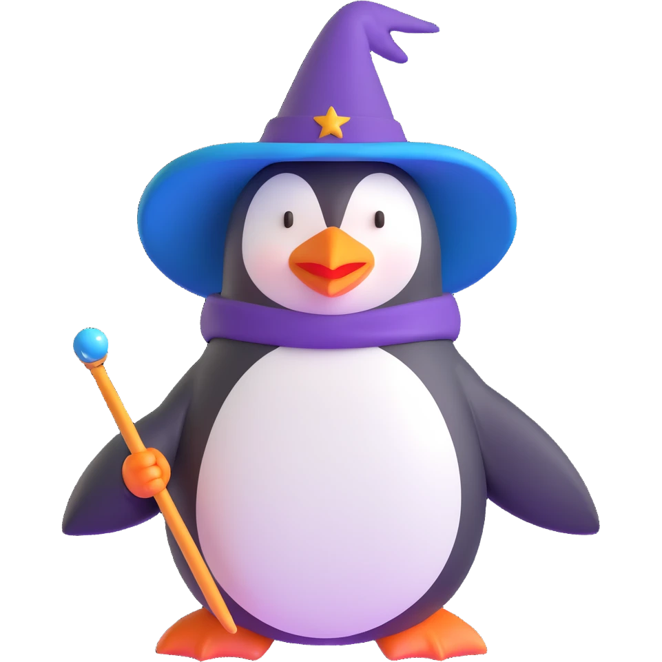 penguin wearing a wizard hat and holding a magic wand emoji