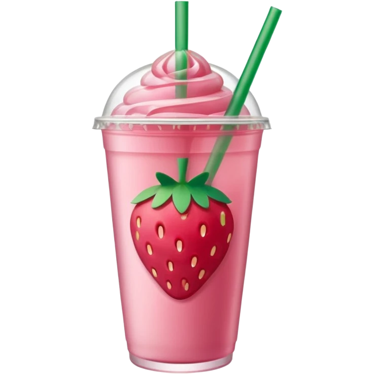 close-up of pink Starbucks drink with visible strawberry slices, clear cup, green straw emoji