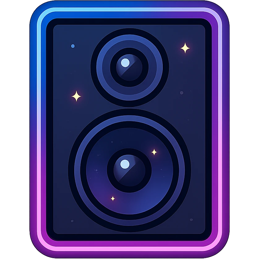 volume icon, modern clean speaker with neon border and glowing effect, dark purples blues blacks base, nebula gradients, small bright stars, specular highlights, luminous look emoji