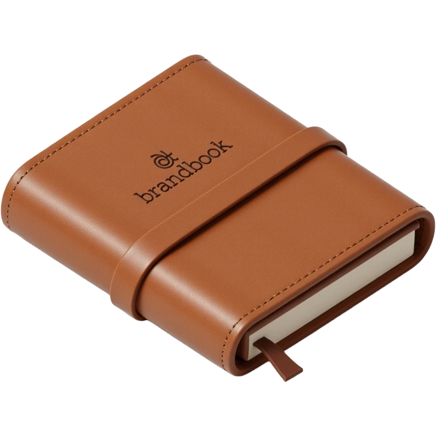 leather-bound notebook with stitching and 'brandbook' written on it, skeuomorphism icon style emoji