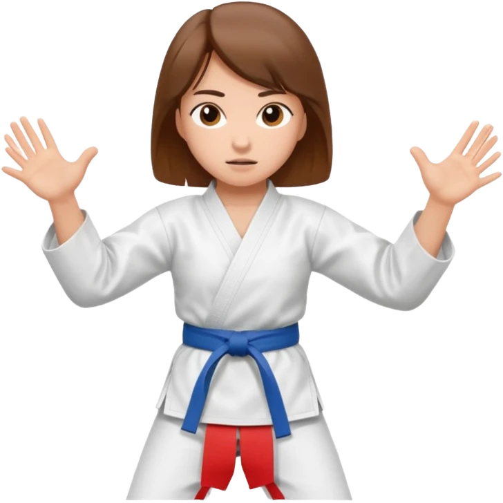 Ragazza castana che pratica karate, ha la cintura nera ed io tradizionale kimono bianco del karate, in posizione di guardia emoji
