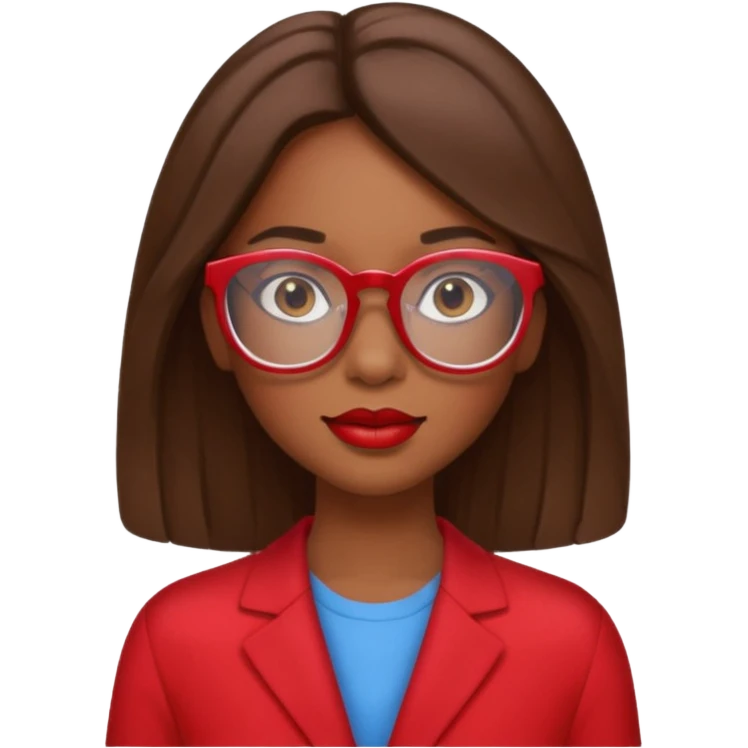It creates a girl with brown skin, hair a little below her shoulders, just a little, pretty clear glasses, wearing red clothes and red lipstick. emoji