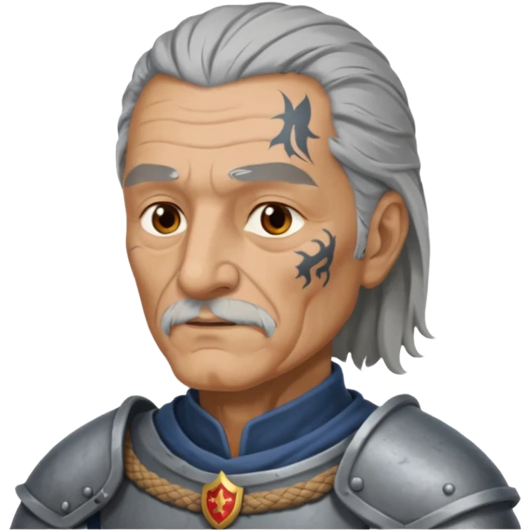 elderly tattooed knight, tattooed shoulder, long hair emoji