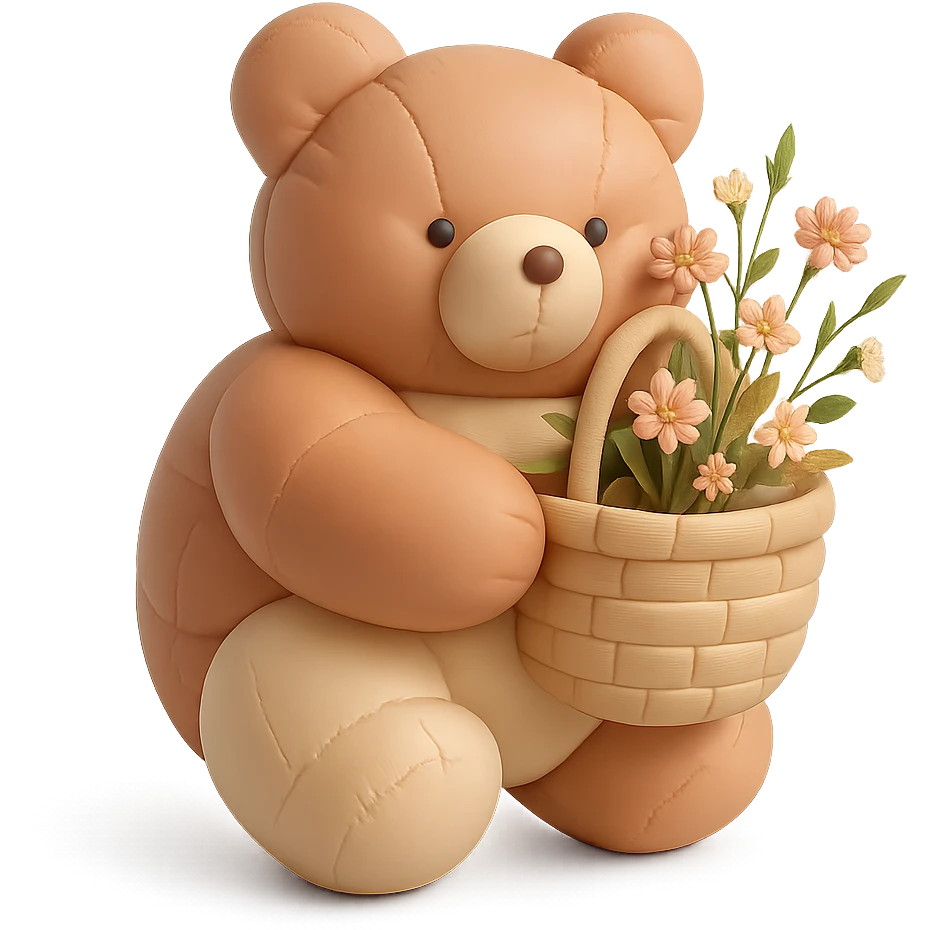 bear carrying a basket of wildflowers, soft pastel brown and cream, cushion style emoji