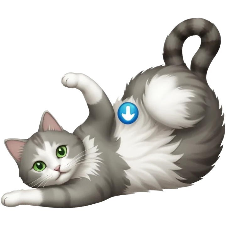 grey and white cat with green eyes doing a big extremely long stretch reaching up into the air with arms and legs side by side together straight and overextended whilst lying on its side emoji