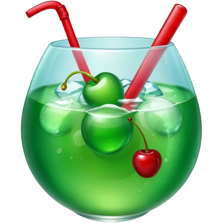 Create an emoji with a very clear rounded glass and ice, bright transparent green soda , a smooth vanilla scoop circle shape, a glossy red cherry, using vibrant colors, soft shading, and clear glass highlights.
 emoji