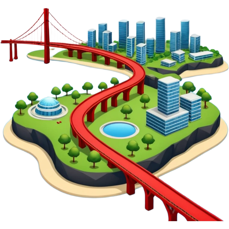 advanced modern island with advanced infrastructure, parks, contemporart buildings, and with a red bridge on one side emoji
