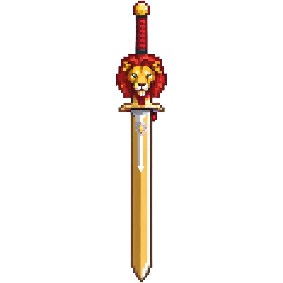 gold colored long sword with deep red handle and a gold lion on the end of the handle emoji