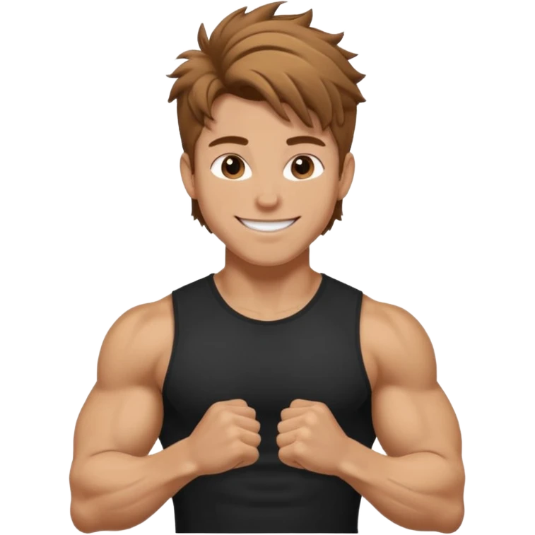 Gym rat with light brown hair and black t shirt, and messy hair. And muscular ,and happy a little emoji