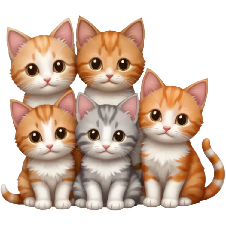 6 tiny kittens cuddling together all different colours, the first one is grey and white, the second is ginger and white and the third is brown tabby and white emoji