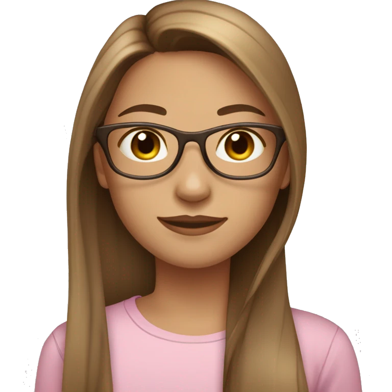 girl with long straight brown hair and carmel highlights, pale/tan skin, pretty, pink shirt, clear glasses,  emoji