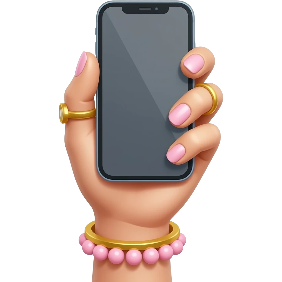 holding iphone with screen upwards: cute thin girl hand with pastel and pink modern nails, rings, and accessories. emoji