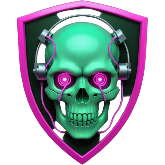 Cyberpunk shield, skull with cybernetic implants, glowing wires, dark electric pink and grenn, black tones, no background emoji