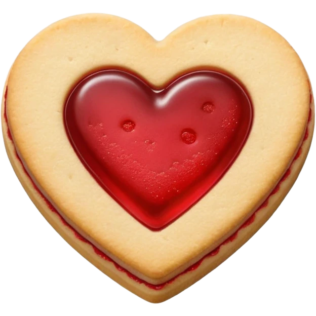 Realistic shortbread cookie in the shape of a heart with red jelly middle filling and sprinkled powder sugar on top. emoji