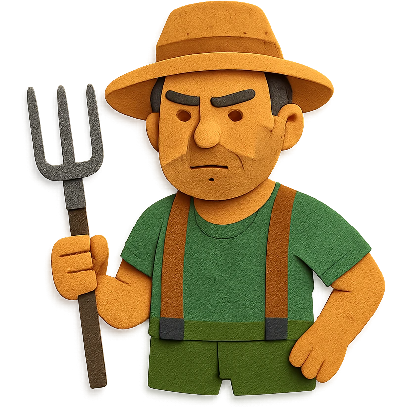 paper craft style illustration of a determined middle-aged farmer, sun-bleached face, black hair, stubble, green trousers, suspenders, green T-shirt, straw hat, holding pitchfork, warm golden-brown textured background, bold lines, vibrant earth tones, rural America emoji