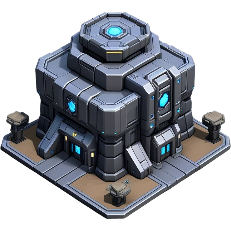 StarCraft-inspired, isometric RTS building with a rugged Terran look: thick metal plating, rivets, subtle wear, and a gunmetal palette plus one accent color. Add minimal glowing panels for a high-tech feel. Keep it compact—like a forward outpost—and show it from a clean isometric angle, emphasizing an industrial sci-fi style and clear silhouette. emoji