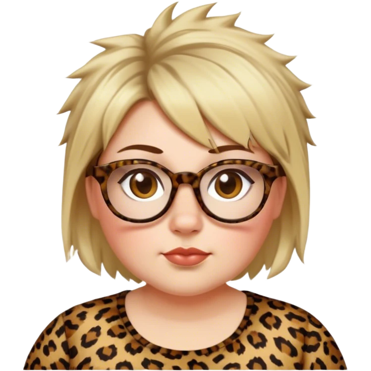 chuby white women dressed in leopard with short medium brown and blonde shaggy spiked hair wearing glasses with hazel color eyes and wide flat nose emoji