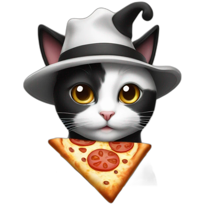 A black and white cat with italian hat and holdin a pizza emoji