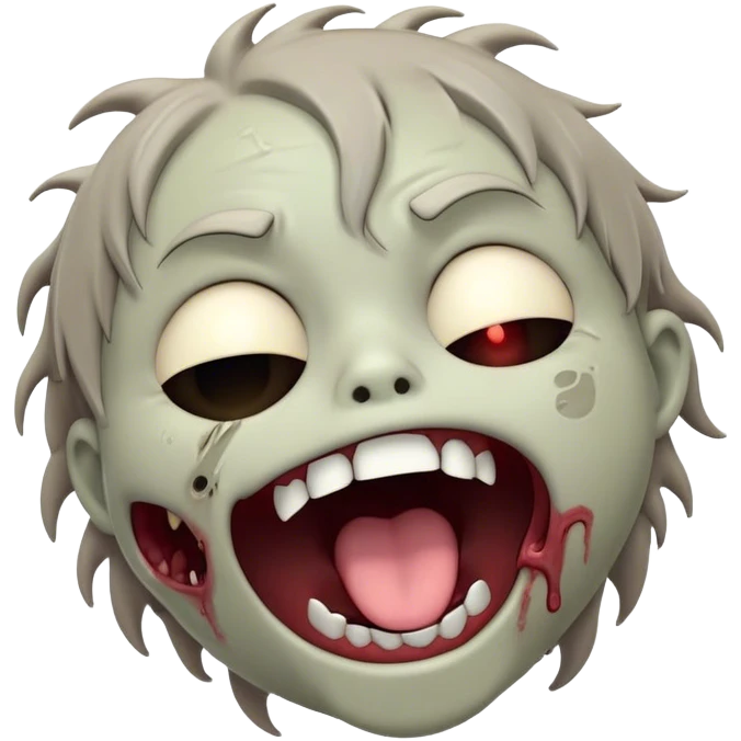 Cinematic Cute Yawning Zombie Portrait Emoji, with a delightfully quirky, slightly disheveled face in muted ashen tones, head tilted back in a big, funny yawn that reveals quirky stitches and playful gaps, simplified yet irresistibly charming, highly detailed with a soft, eerie glowing outline capturing the sleepy, offbeat vibe of a zombie taking a nap! emoji