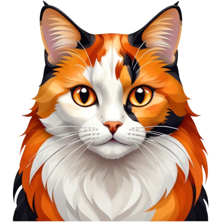cinematic-noble-calico-cat-portrait-emoji,-poised-and-regal,-with-a-striking-patchwork-fur-in-vibrant-orange,-black,-and-white-hues premoninantly black,-delicate-whiskers-and-a-refined,-relaxed-gaze,-simplified-yet-exquisitely-detailed,-glowing emoji