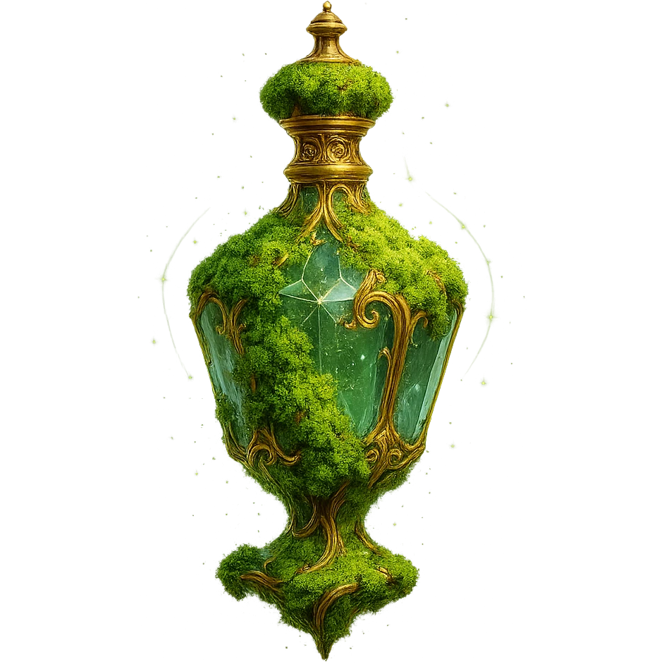 crystal luxurious elixir bottle covered with living green moss, lots of glowing edges, ornate golden details, magical effects, very small golden neck, beautiful merging base, clearly floating in air, no base or shadow, very luxurious, natural, magical, fits collection, transparent background emoji