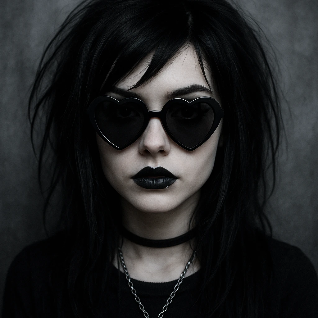 emo girl with heart-shaped sunglasses, dark hair, mysterious vibe emoji