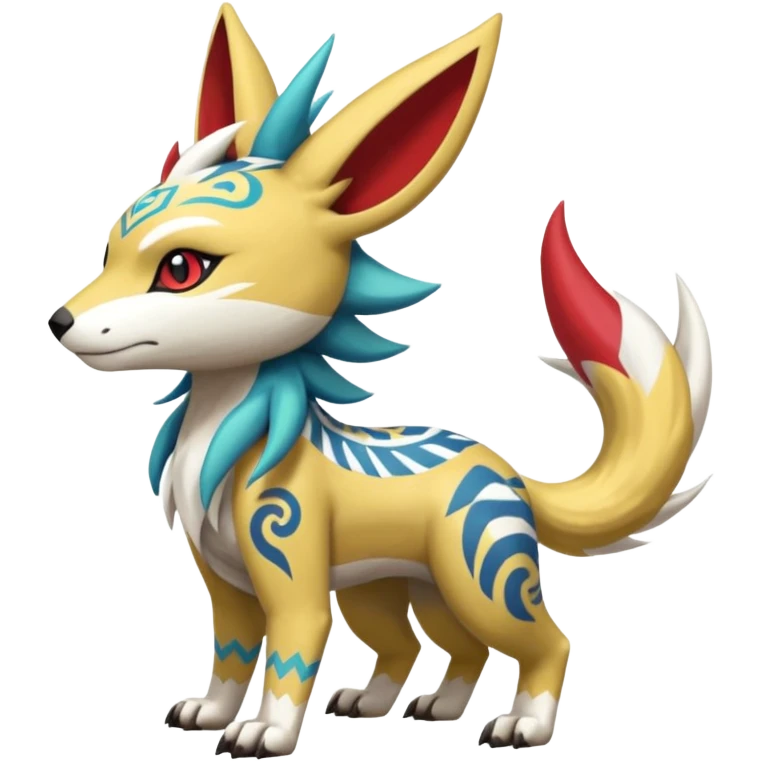 Tropical Tiny Marked Patterned Tribal WereGarurumon-Linoone-Meloetta-Renamon-Zangoose-fusion-hybrid-creature (full body) emoji