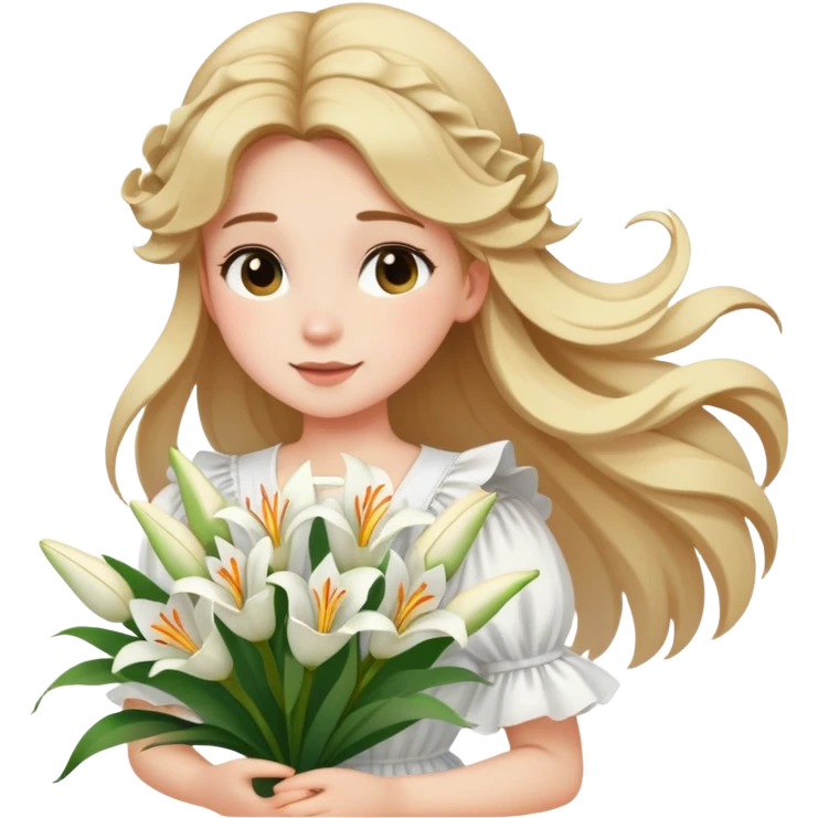  A girl with a half-up half-down hairstyle, and a white ruffled top, enjoying the spring breeze.Holding a bundle of lily emoji