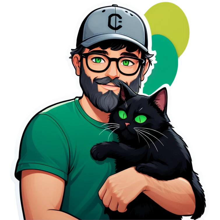 A bold man with a grey baseball cap, green eyes, big beard and glasses hugging a black cat emoji