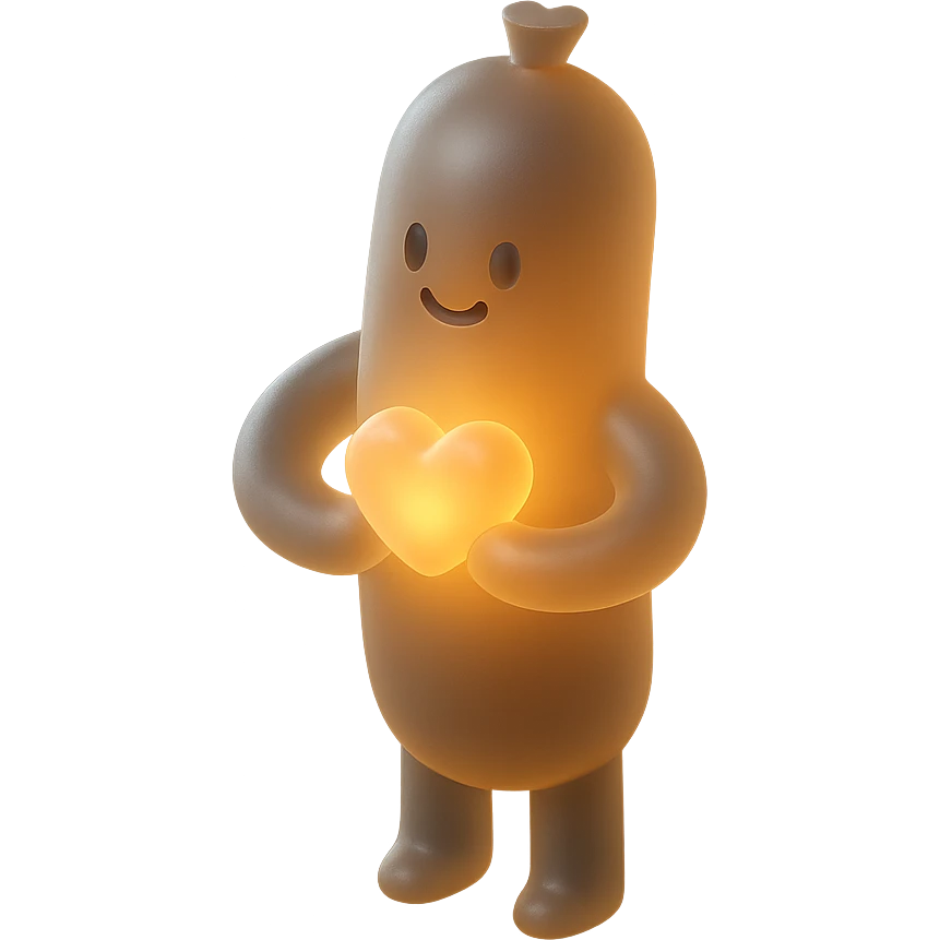 a sausage humanoid with a heart pose, glowing with warmth emoji