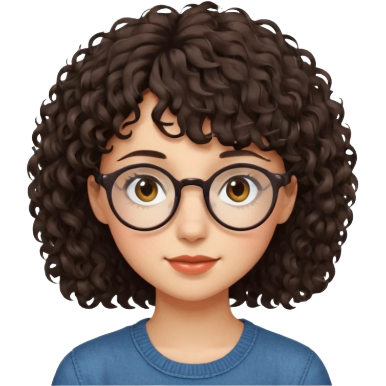 Koyu renk, dağınık kıvırcık saçlı, kısa kahküllü, yuvarlak gözlüklü ve büyük kahverengi gözlü bir genç kadının yüzünü gösteren emoji tarzı illüstrasyon. Hafif bir gülümseme veya tatlı bir sırıtış ifadesi var. Cilt tonu açık. emoji