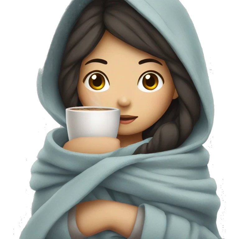 Asian girl wrapped in cozy blanket drinking coffee emoji