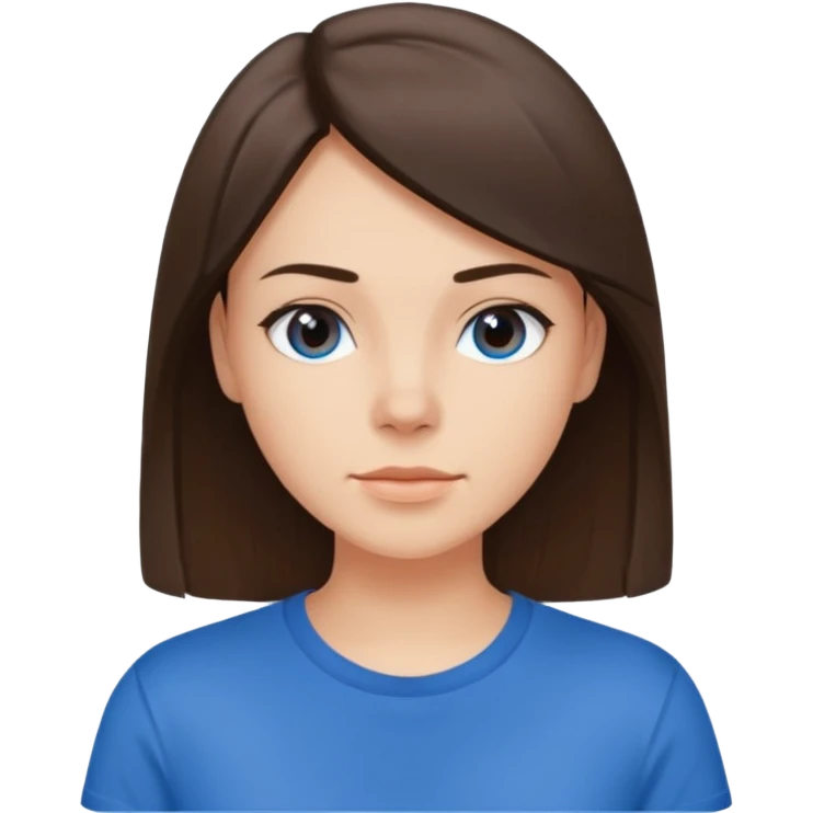 young brunette brawn-eyed woman with straight hair with a blue t-shirt with  emoji