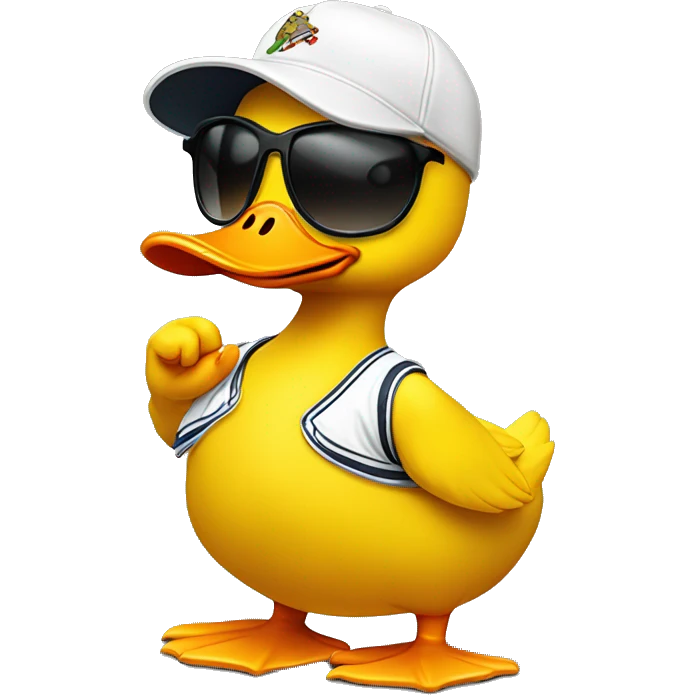 A really cool yellow duck wearing sunglasses and a backwards baseball cap and cool shoes giving finger guns emoji