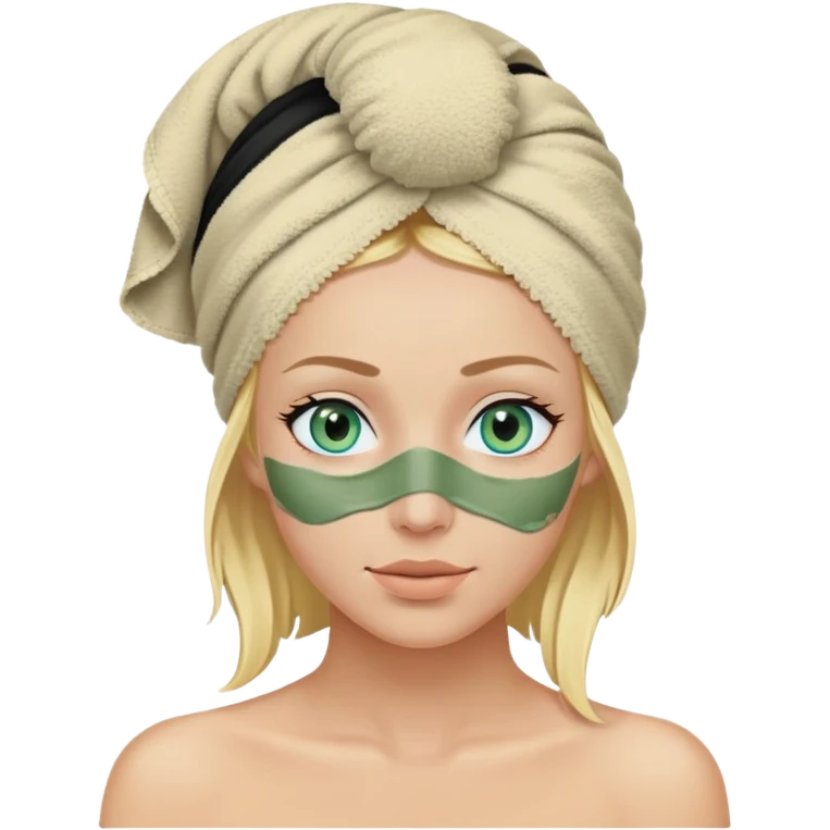 Femme blonde aux yeux bleus avec une serviette de bain noir enroulée sur la tête et un masque d’argile verte sur le visage emoji