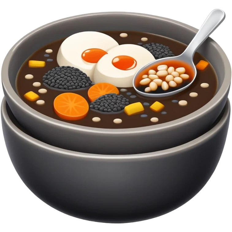 Black sesame soup sweet dessert in bowl, simplified emoji style with bold outlines and bright colors, cartoon style Zhi Ma Hu traditional Chinese treat emoji
